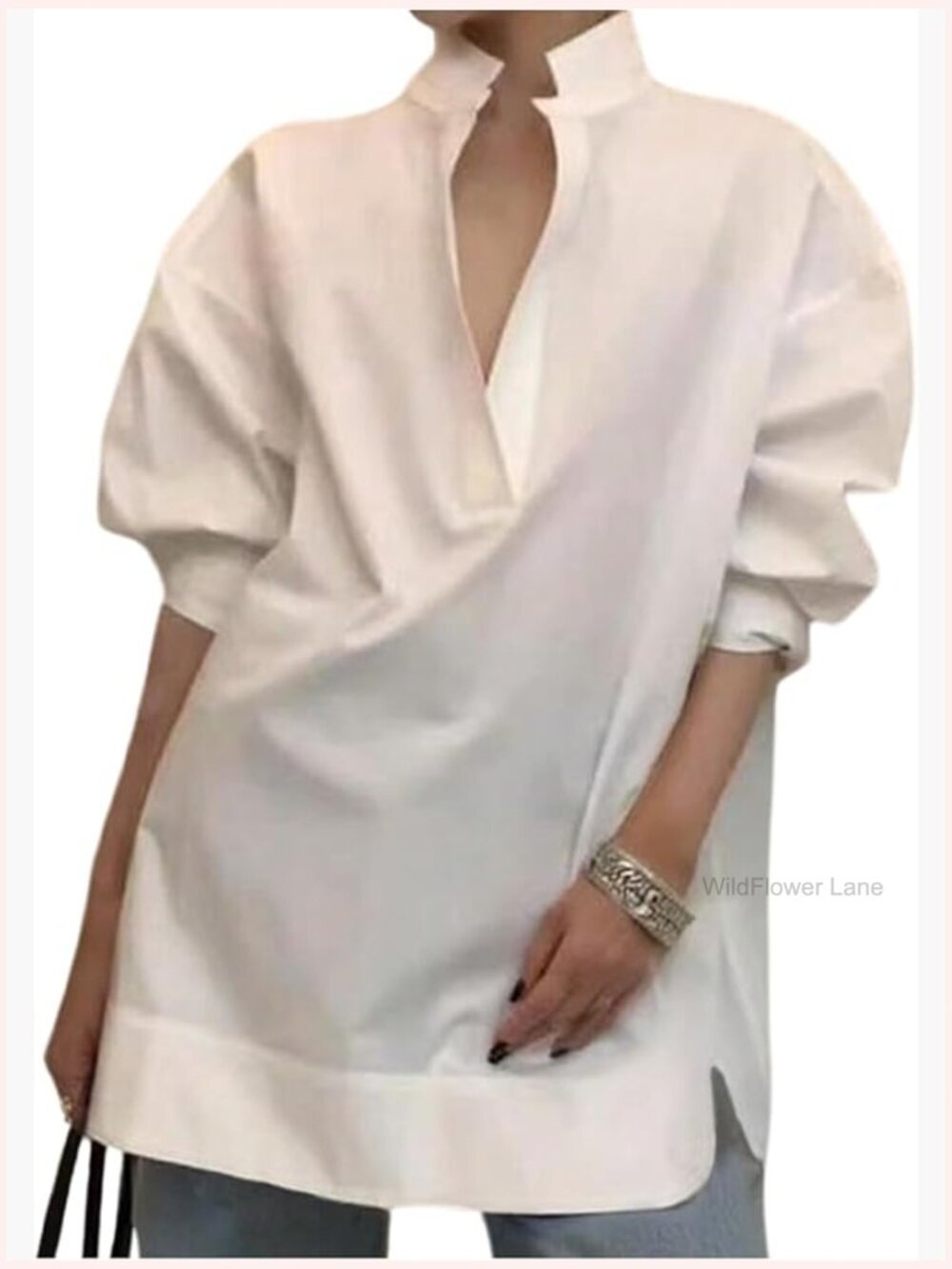 Notched V Neck Dressy Casual Blouses Long Sleeve Split Hem Work Office Top